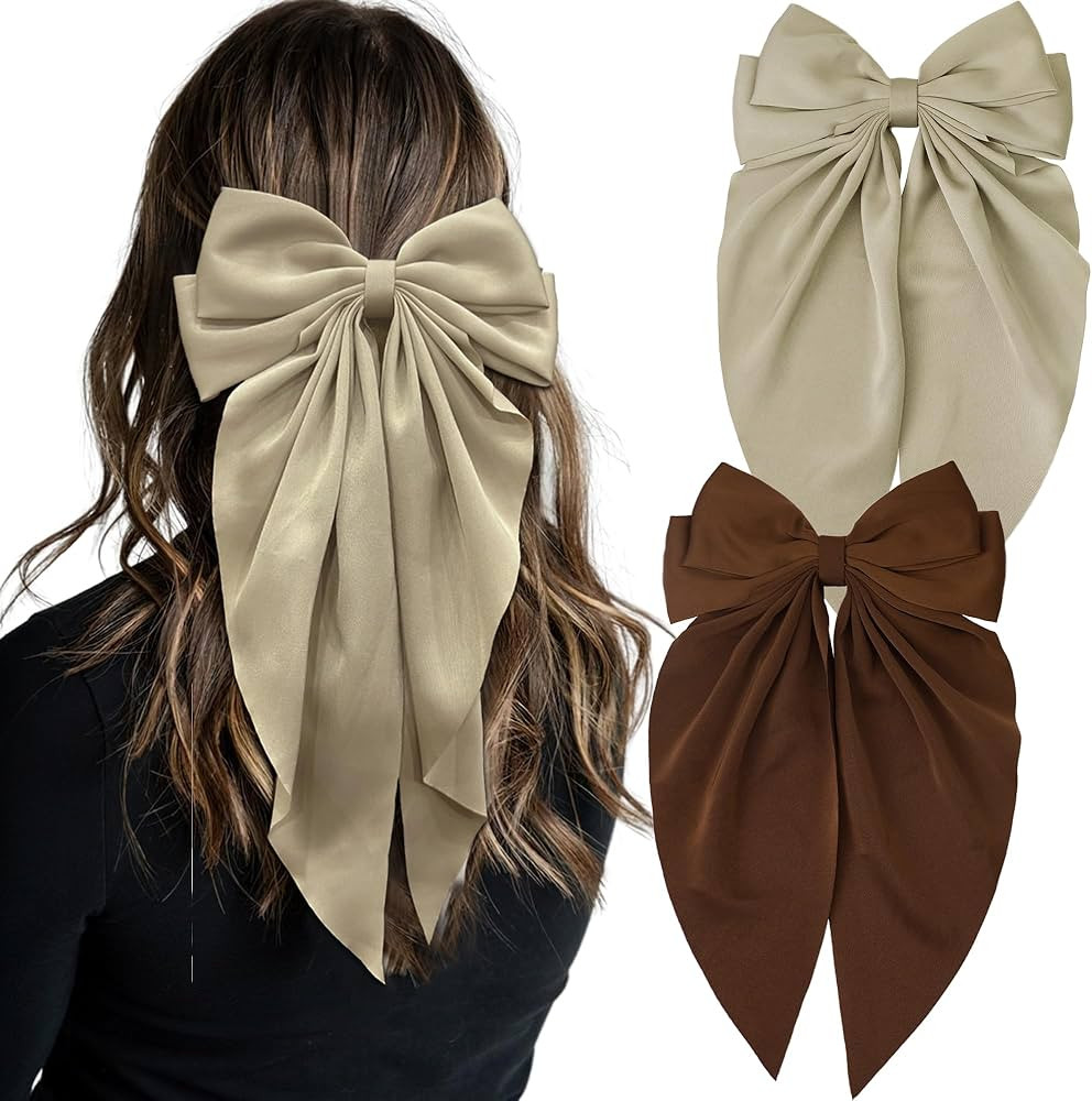 JOYOYO 2Pcs Long Tail Brown and Olive Bowknot Barrettes -Silky Satin Oversized Hair Bows and Ribb... | Amazon (US)