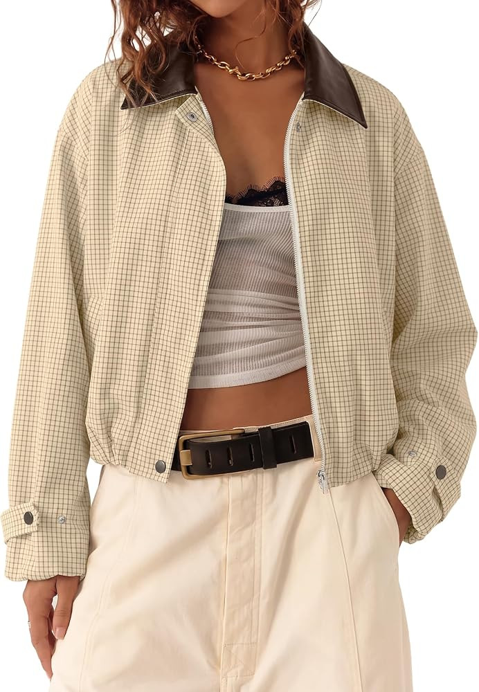 Darong Womens Plaid Bomber Jacket Zip Up Streetwear Outwear with Pockets | Amazon (US)