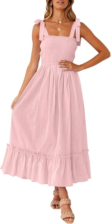 ZESICA Women's 2024 Summer Boho Spaghetti Strap Square Neck Solid Color Ruffle A Line Beach Long ... | Amazon (US)