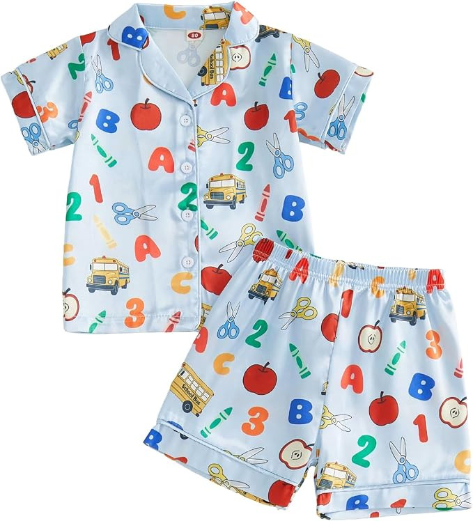 Kavousa Toddler Girl Boy Back to School Silk Pajamas Satin Pencil Floral Print Shirt+Shorts/Pants... | Amazon (US)