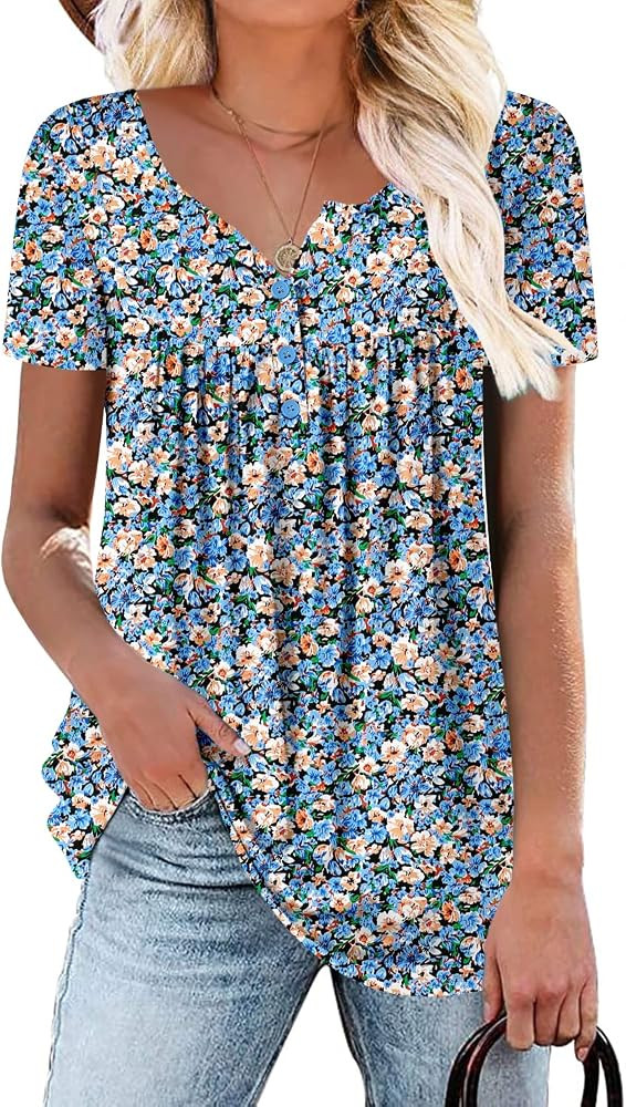 ROSELINLIN Women's Short Sleeve Shirts Floral Summer Tops Loose Fit for Leggings | Amazon (US)