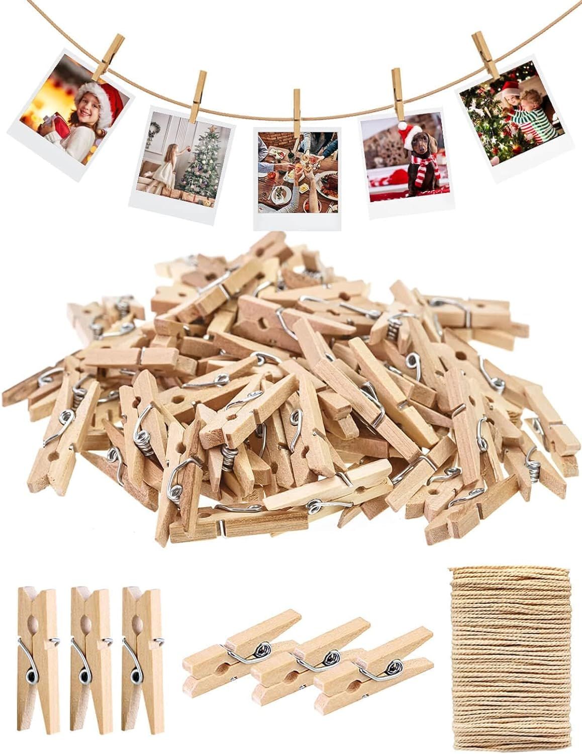 Sturdy Mini Clothes Pins for Photo, 150 Pcs 1 Inch Natural Wooden Clothespins with 33 FT Jute Twi... | Amazon (US)