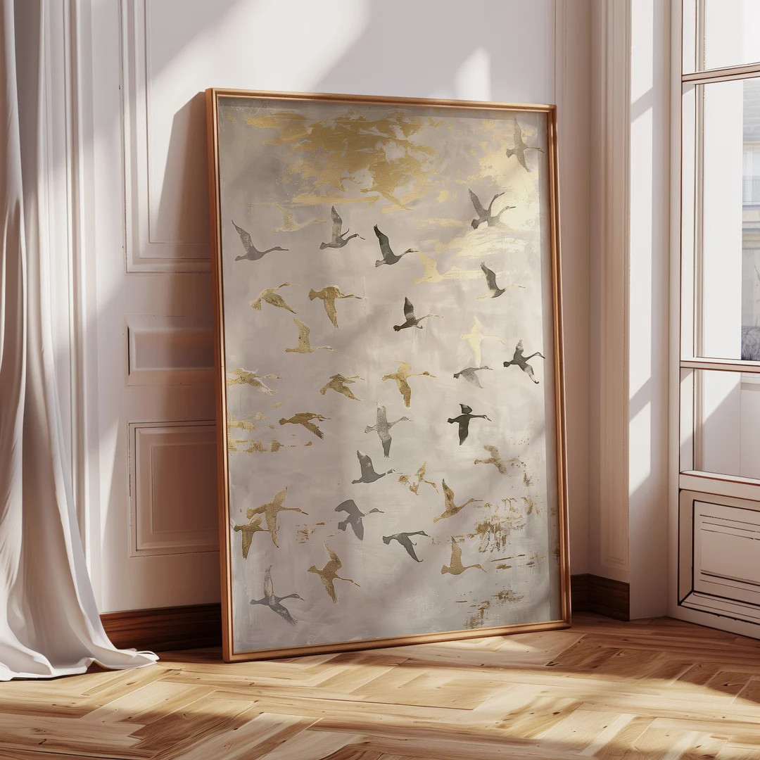 Golden Bird Flock Wall Art, Mid Century Modern Art Print, Large Oil Painting Oversize Giclee Vint... | Etsy (US)