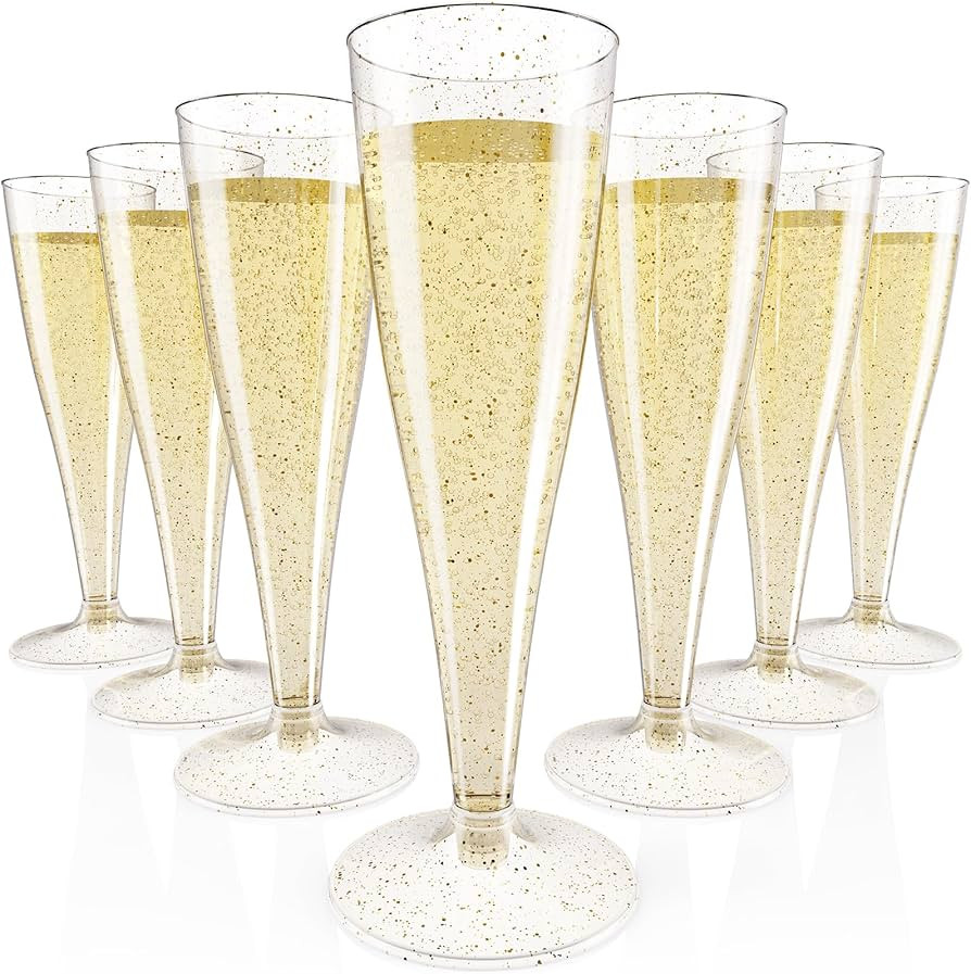 JOLLY CHEF 100 Pack Plastic Champagne Flutes Disposable 4.5 oz Gold Glitter Plastic Champagne Gla... | Amazon (US)