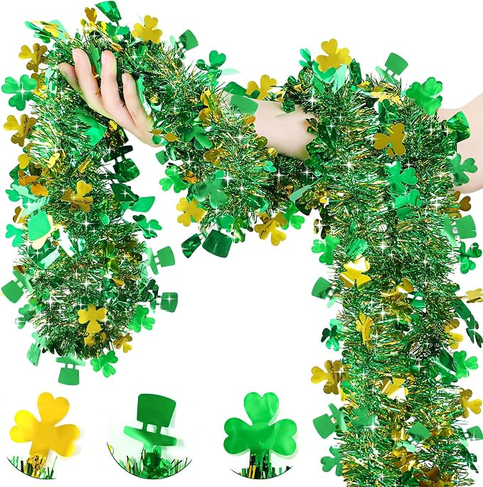 33 FT St Patricks Day Garland Decor Gold Green Shamrock Hat Tinsel Garland, Shiny Metallic Stream... | Amazon (US)