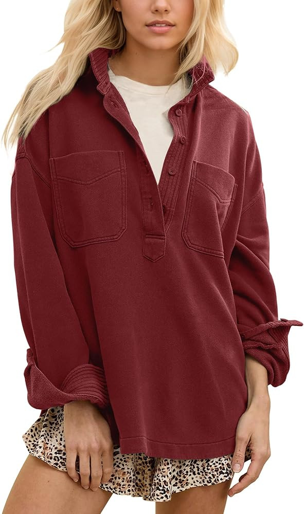 Locachy Women's Casual Oversized Polo Neck Sweatshirt Lapel Long Sleeve Button Pullover Tops Fash... | Amazon (US)