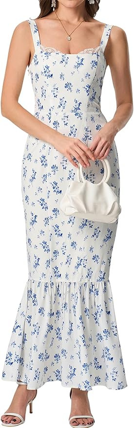 HTZMO Women Casual Summer Floral Maxi Dress Square Neck Boho Wedding Guest Elegant Long Sundress | Amazon (US)