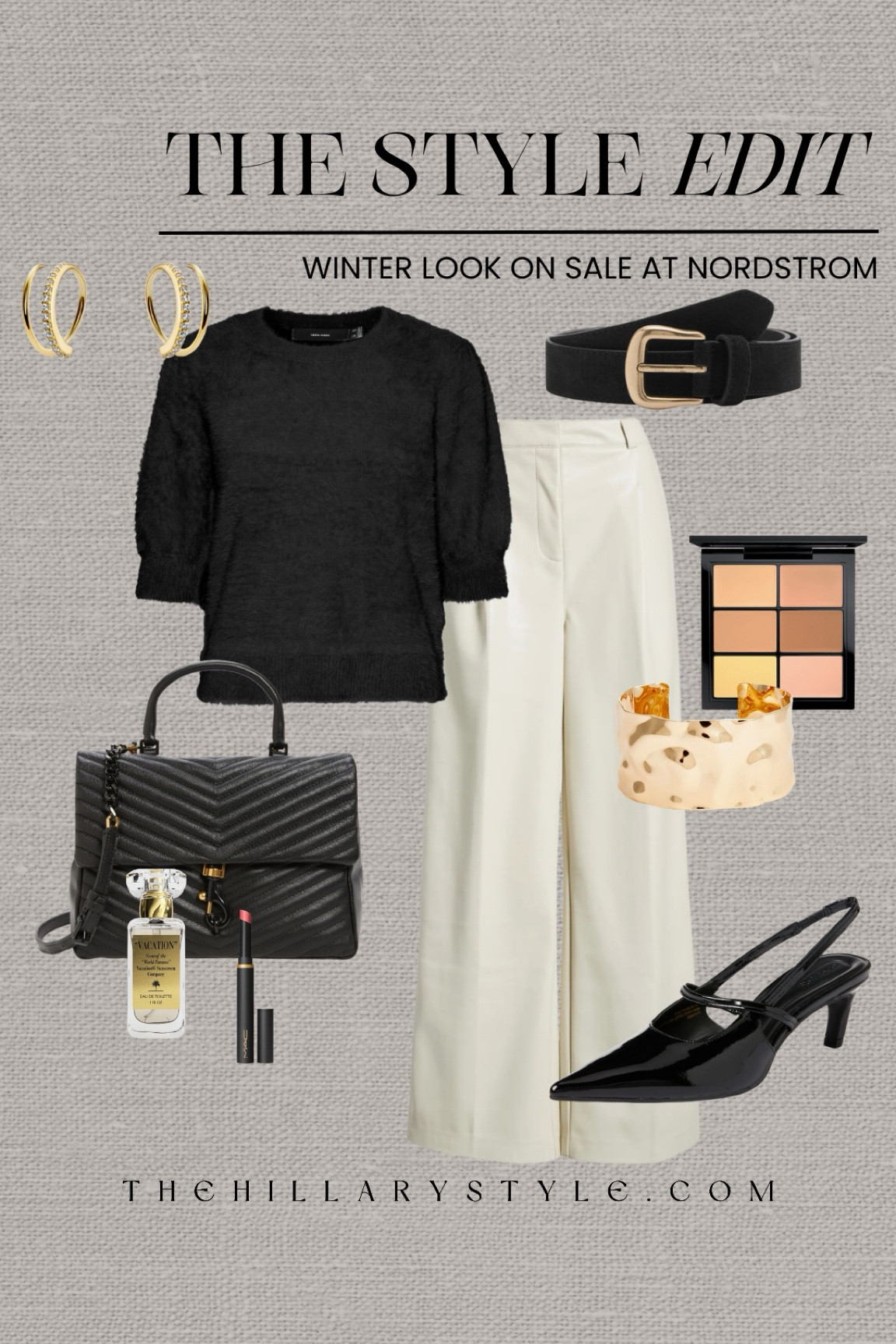 The Style Edit: Winter Outfit on Sale at Nordstrom: faux leather pants, fuzzy elbow sleeve sweater, pointed toe slingback pump, handbag, suede belt, wide hammered cuff bracelet, perfume, concealer corrector pallet, lip color, perfume, gold hoop earrings. Nordstrom, Open Edit, Mango, Rebecca Minkoff, MAC, Vacation, Vero Moda. Winter outfit, leather pants outfit, office outfit, casual outfit.

#LTKSaleAlert #LTKWorkwear #LTKSeasonal