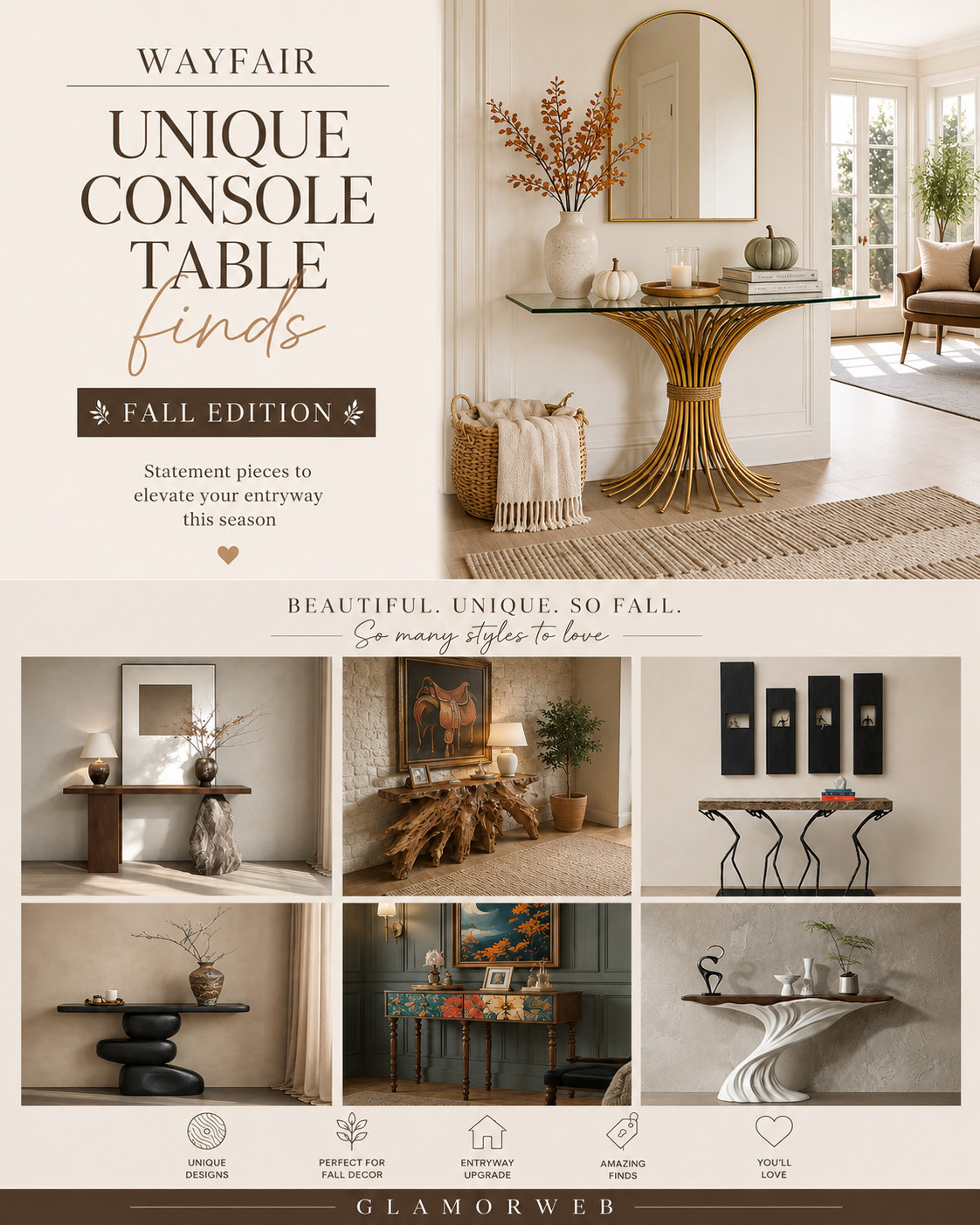 These Wayfair console table finds are giving major fall home upgrade energy 🍂🤎 I’m obsessed with how unique every style feels—from sculptural statement bases and rich wood finishes to artsy designs that instantly become the focal point of an entryway or living room. Add a few simple fall touches like pumpkins, warm branches, candles, and stacked books and the whole space feels cozy, elevated, and so Pinterest-worthy. Even better, some of these gorgeous styles are on sale right now 👀

#Wayfair #WayfairFinds #WayfairSale #ConsoleTable #ConsoleTables #UniqueConsoleTable #StatementFurniture #EntrywayDecor #FallEntryway #FallDecor #FallHomeDecor #AutumnDecor #FurnitureFinds #FurnitureSale #HomeDecorFinds #TrendingFurniture #TrendingHomeDecor #EntrywayInspo #HallwayDecor #LivingRoomDecor #FallRefresh #CozyHome #HomeStyling #InteriorInspo #DesignerLookForLess #AffordableLuxury #LTKHome #LTKFall #LTKFinds #PinterestHome #FallFurniture #HomeDecorSale 

 #LTKSeasonal #LTKHome #LTKSaleAlert