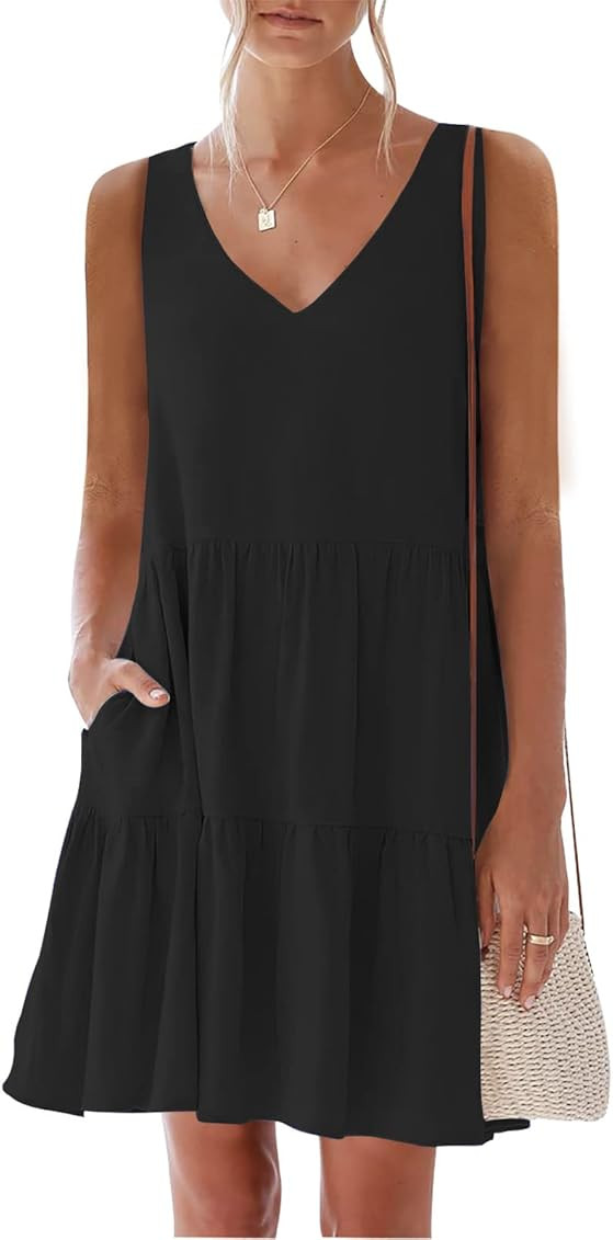 nclook Women's Summer Casual Dress Sweet & Cute V-Neck Mini Dress with Pocket Sleeveless Dress | Amazon (US)