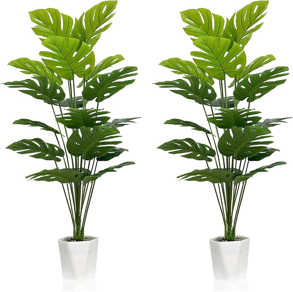 Set of 2 Artificial Monstera Deliciosa Plants in Pots, Fake Tropical Palm Tree with Greenery Leav... | Amazon (US)