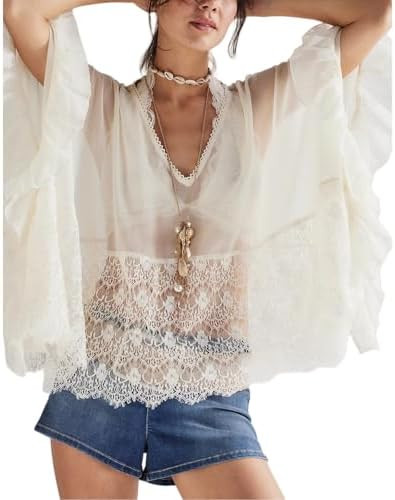 Women Sheer Poncho Tops Oversized Batwing Sleeve Blouse Contrast Lace See Through Mesh Cover Up R... | Amazon (US)