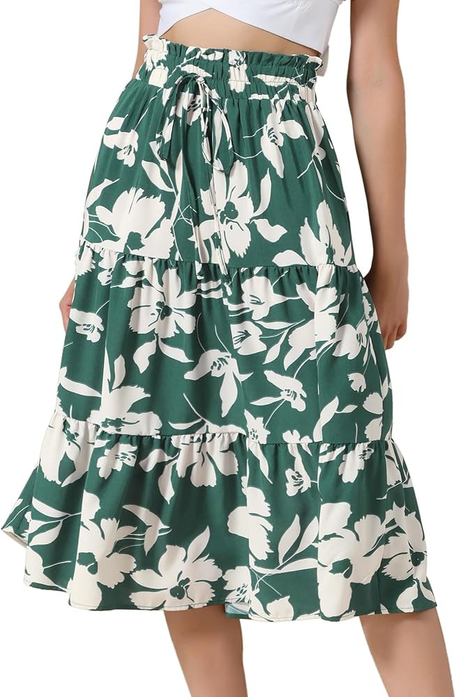 Allegra K Floral Midi Skirt for Women's Summer Elastic Waist Dressy Flowy Casual A-line Boho Skir... | Amazon (US)