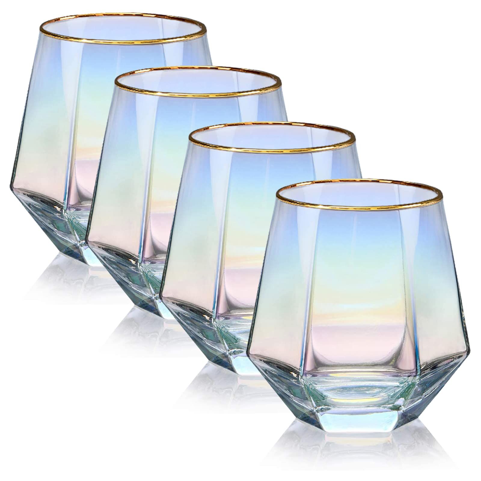 XKXKKE Diamond Stemless Wine Glass Set of 4,10 Oz Gold Rim Glass Cups Iridescent Drinking Glasswa... | Amazon (US)