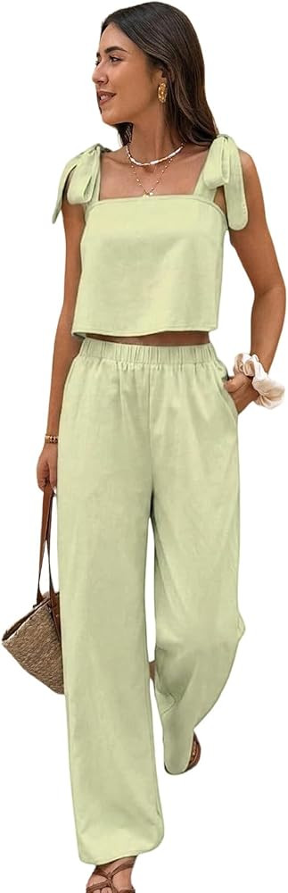 SOLY HUX Women's Summer Vacation 2 Piece Set Tie Shoulder Crop Top and Pants Travel Outfits | Amazon (US)