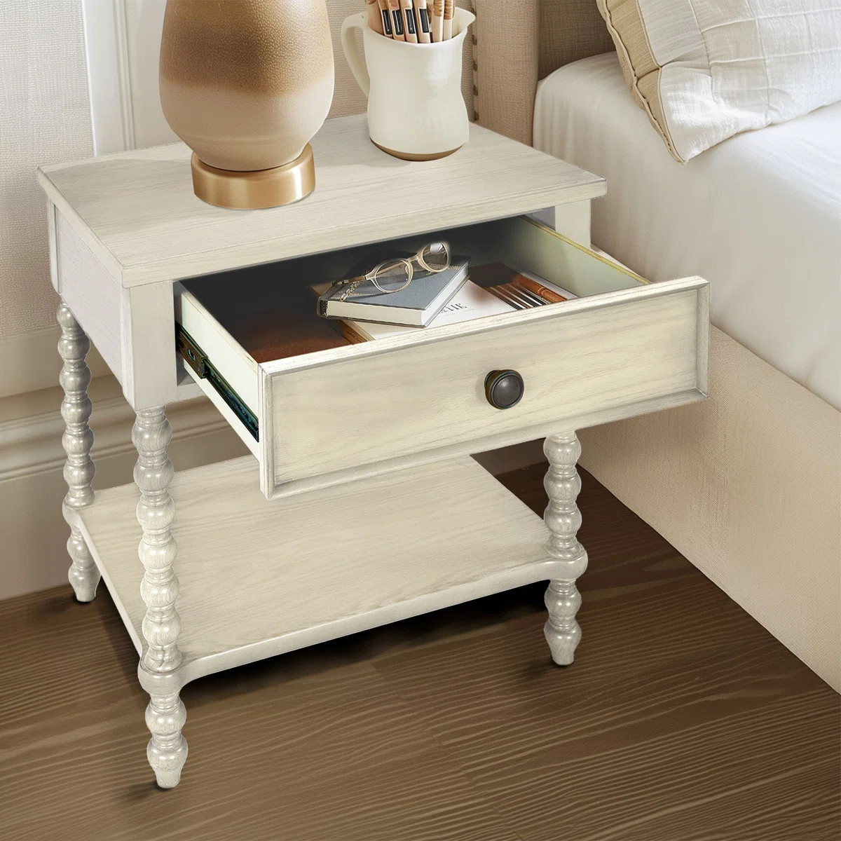 Beckett Turned Wood Spindle Nightstand with Drawer & Shelf | Wayfair North America