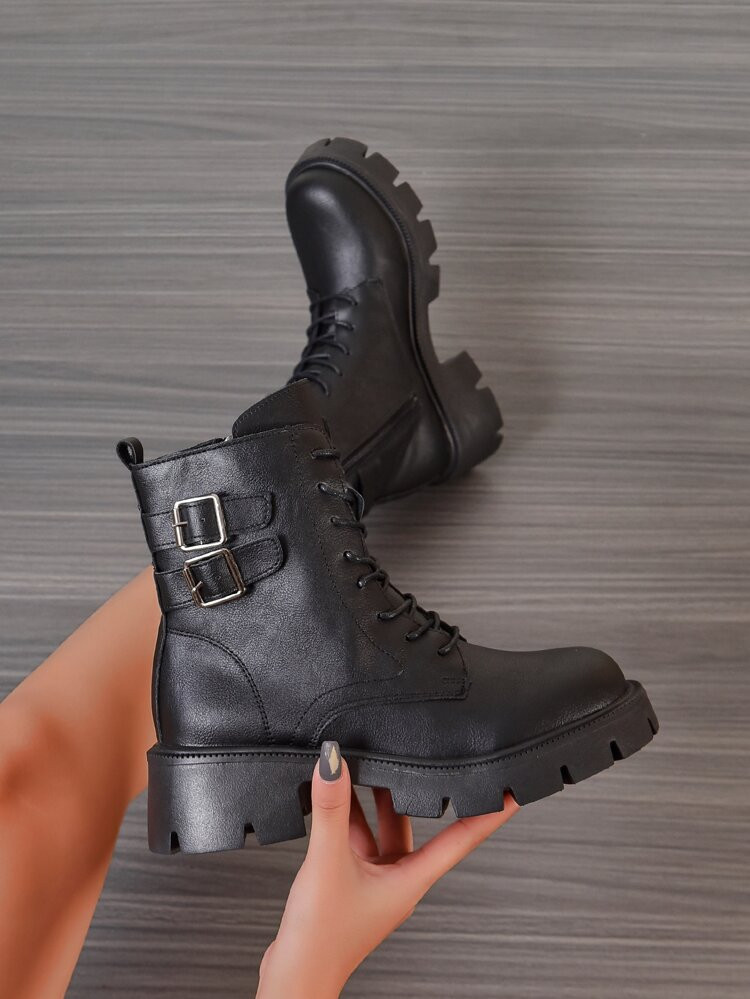 New
     
      Buckle Decor Lace-up Front Combat Boots | SHEIN