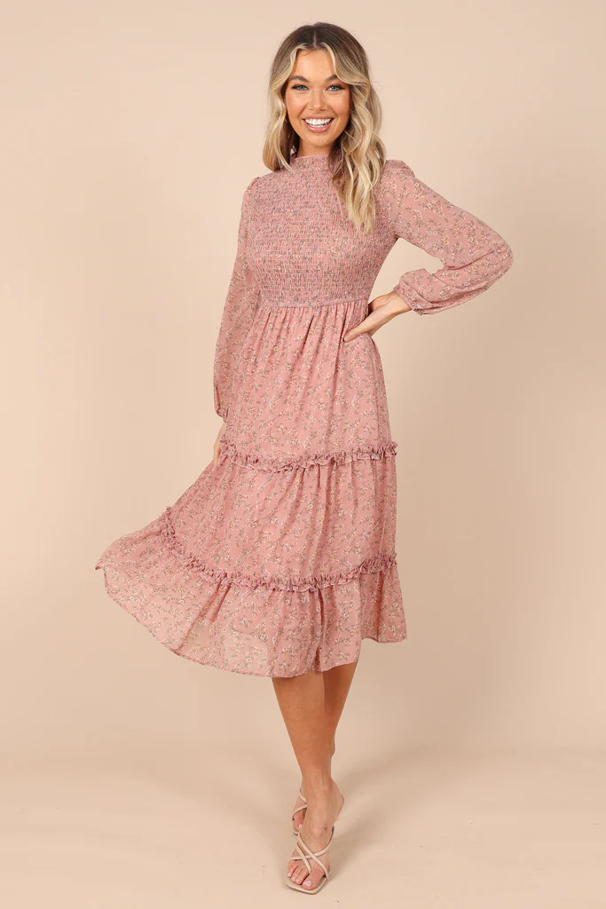 Edwina Shirred Frill Long Sleeve Midi Dress - Blush Floral | Petal & Pup (US)