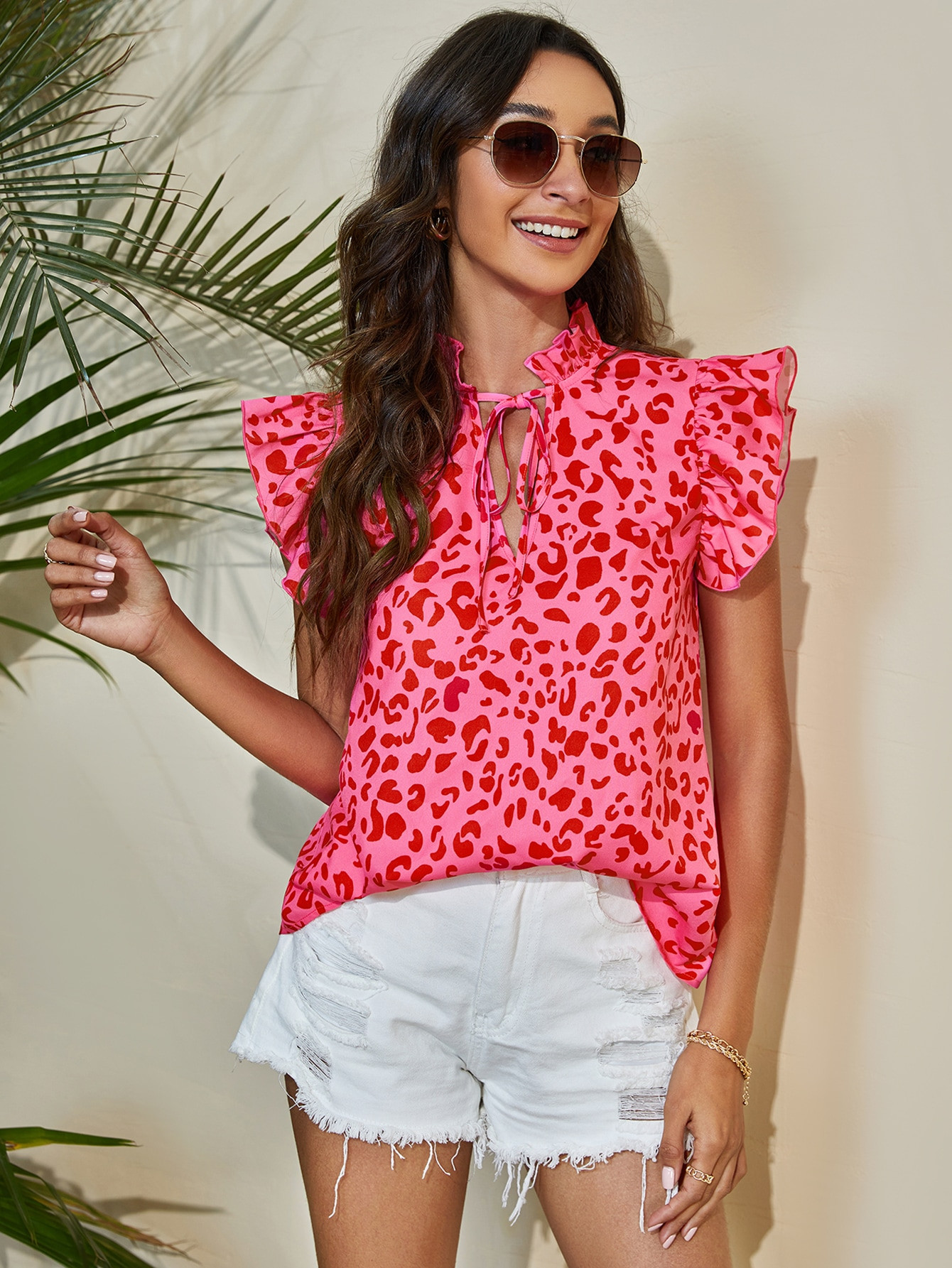 SHEIN VCAY Leopard Print Frilled Tie Neck Top | SHEIN