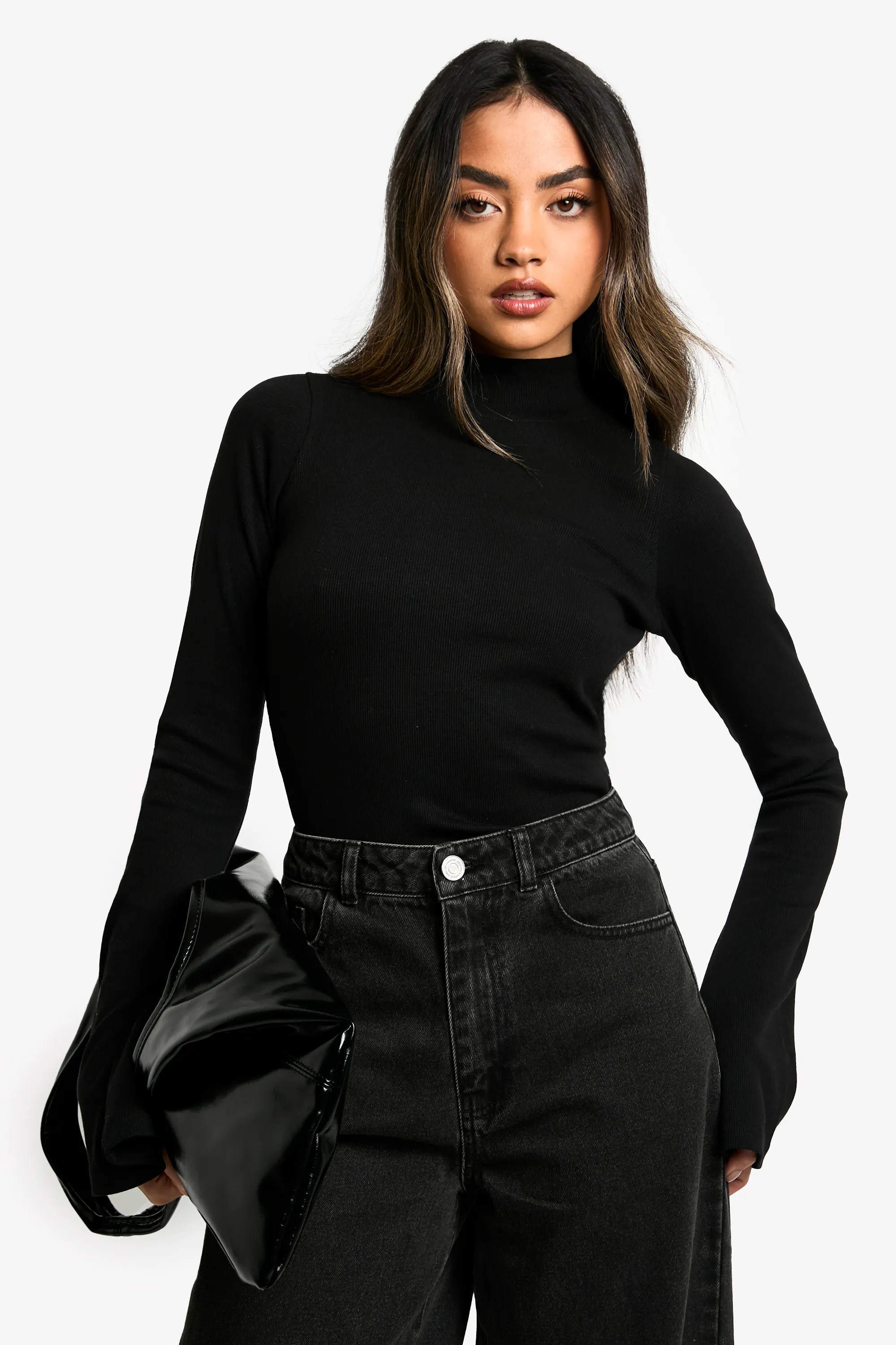 Flared Sleeve Rib High Neck Top | Boohoo.com (UK & IE)