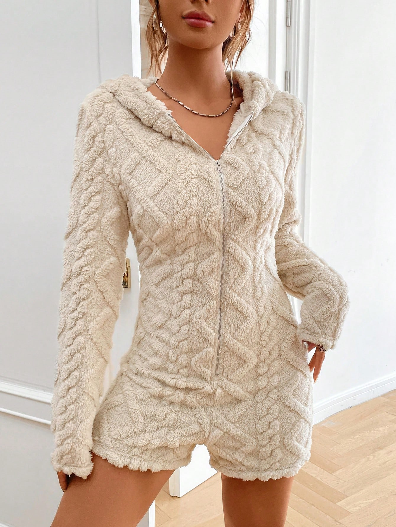 SHEIN EZwear Zip Up Hooded Teddy Romper | SHEIN