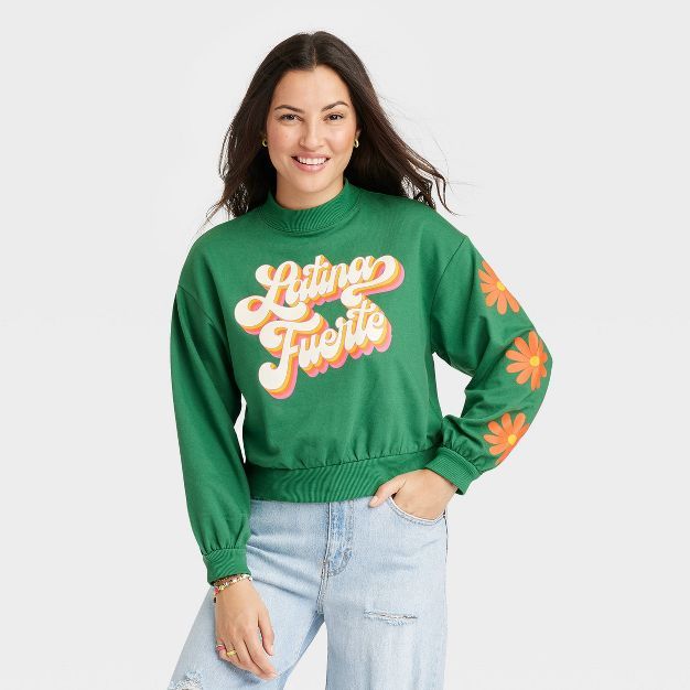 Latino Heritage Month Women's Poderosa French Terry Mock Turtleneck Pullover Sweater - Green | Target