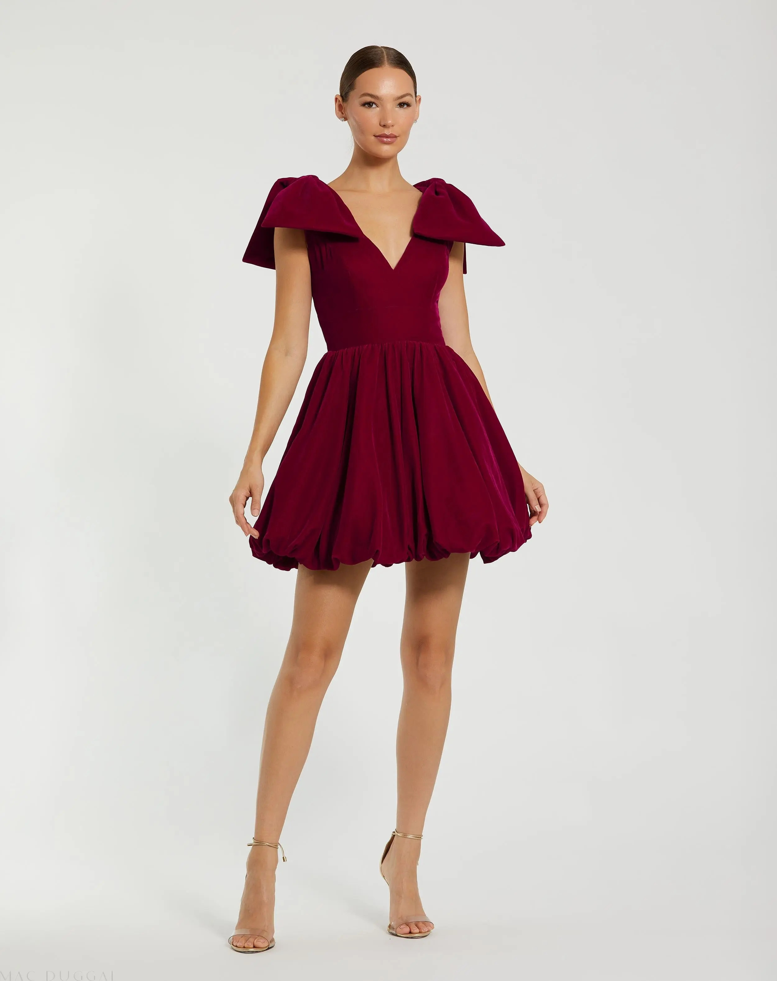 Red Shoulder Bow Velvet Bubble Mini Dress - Mac Duggal | Mac Duggal