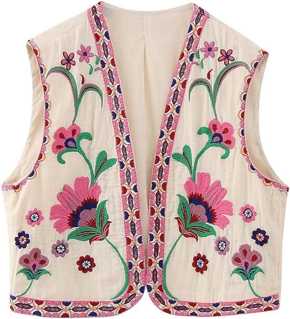 Yimoon Chaleco vintage con bordado floral para mujer, estilo bohemio, casual, frente abierto, sin... | Amazon (US)