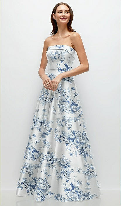 Strapless Bias Cuff Bodice Floral Satin Gown with Pockets in Cottage Rose Larkspur | The Dessy Group