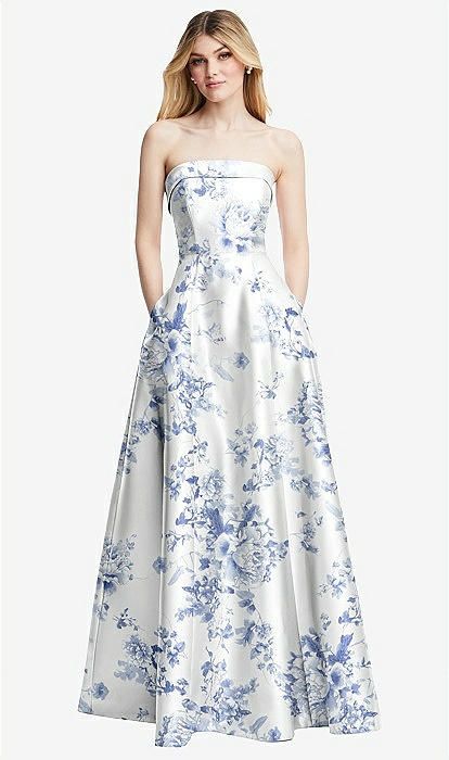 Strapless Bias Cuff Bodice Floral Satin Gown with Pockets in Cottage Rose Larkspur | The Dessy Group