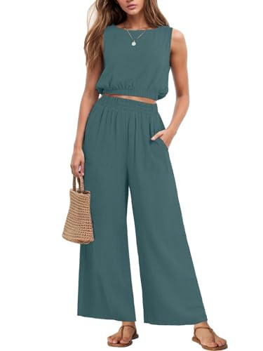 GRECERELLE Two Piece Sets for Women Sleeveless Crop Top Wide Leg Pants Travel Outfits for Women 2025 Gray Blue-M | Amazon (US)