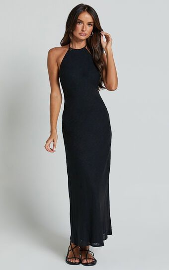 Cyrena Maxi Dress - Linen Look Halter Neck Sleeveless Slip Dress in Black | Showpo (US, UK & Europe)