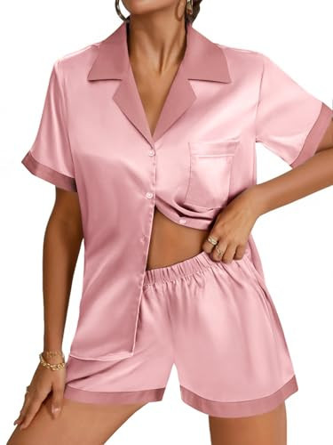 Ekouaer Pink Satin Pajamas Women Silk Short Sleeve Pjs 2 Piece Silky Shorts Pj Set M | Amazon (US)