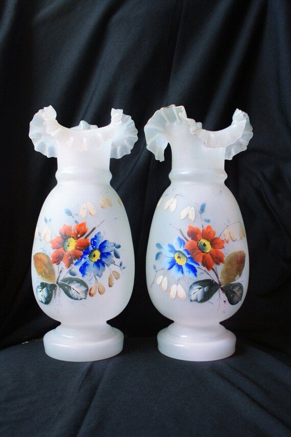 SALE Pair of Antique Floral Vases Victorian Glassware Clambroth Bristol Glass Vases - Ruffled Tri... | Etsy (CAD)