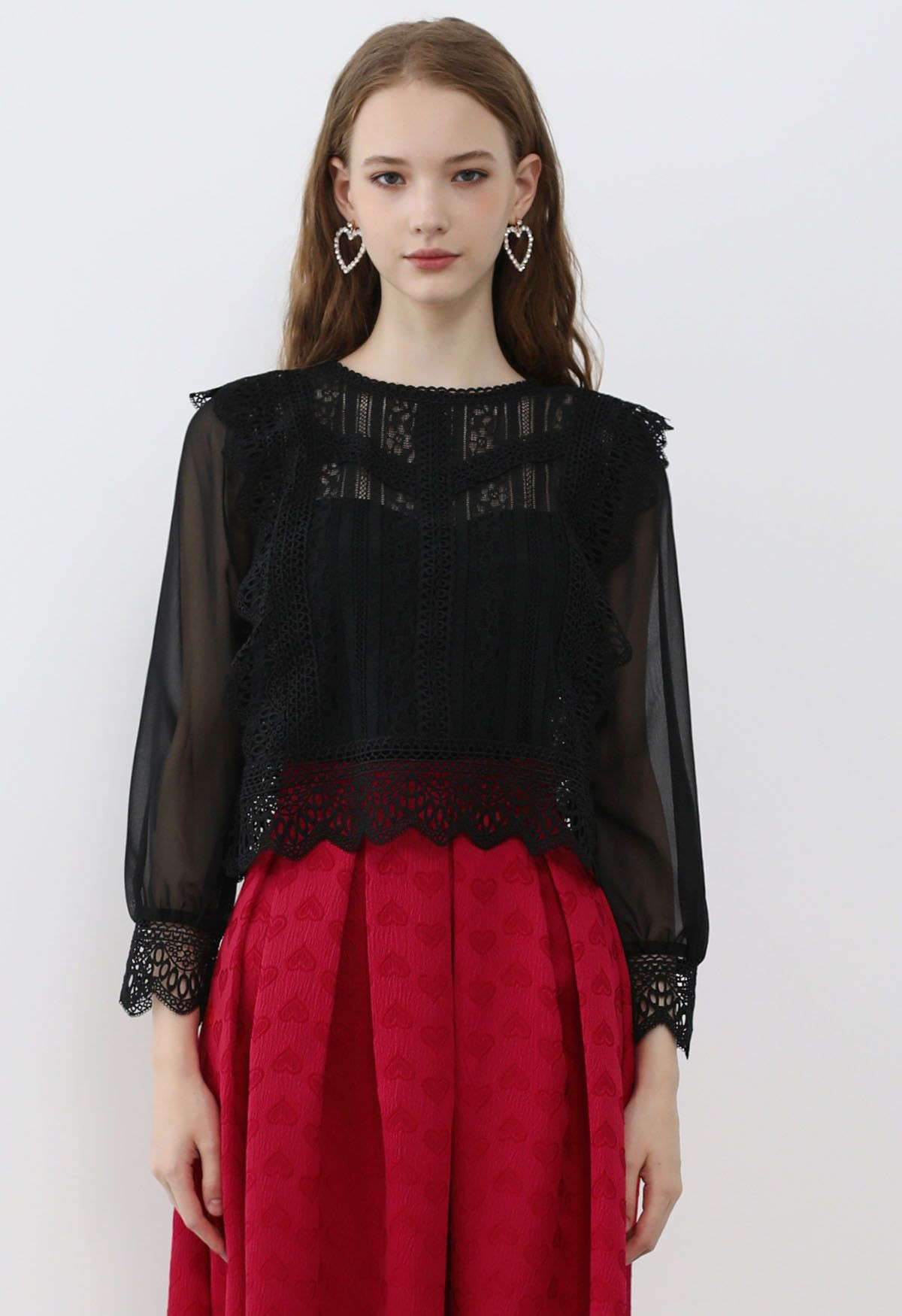 Sheer Sleeve Spliced Cutwork Lace Top in Black | Chicwish