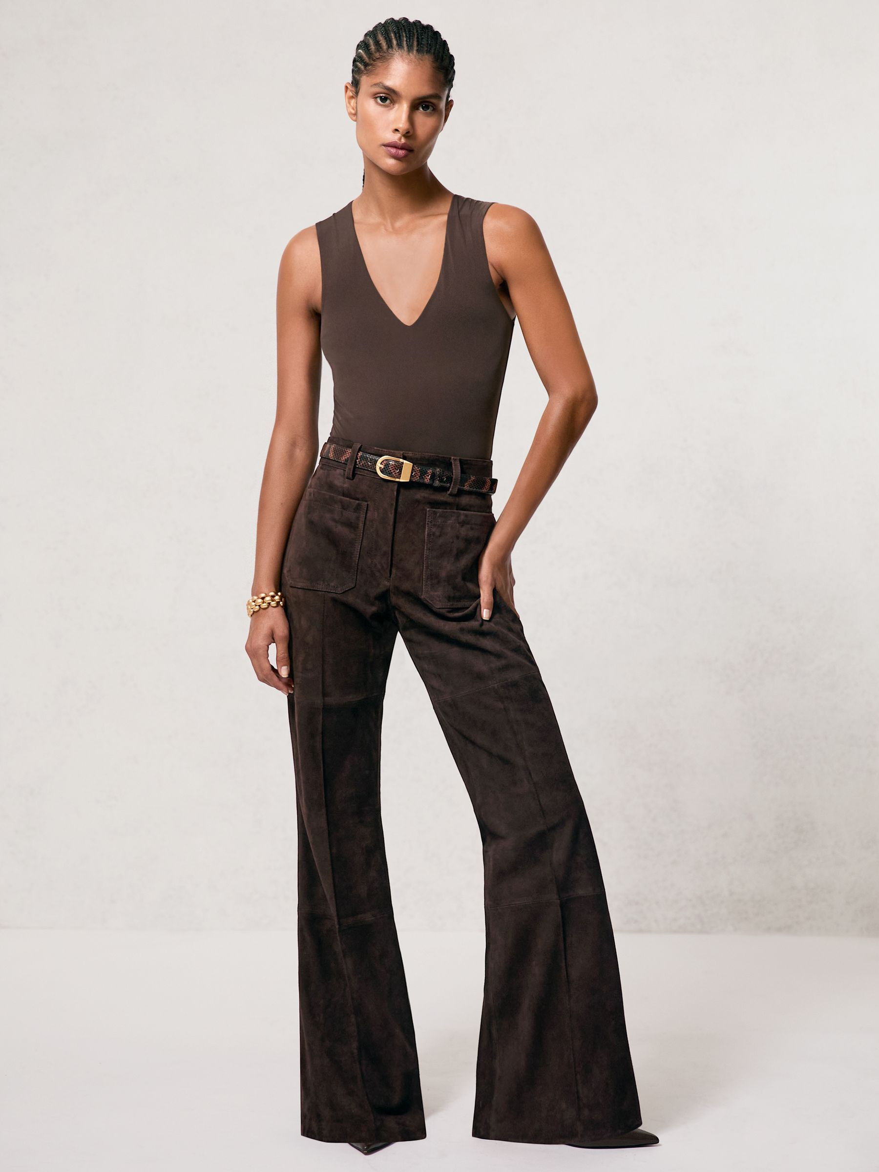 Suede High-Rise Flared Trousers in Chocolate Brown | Reiss UK