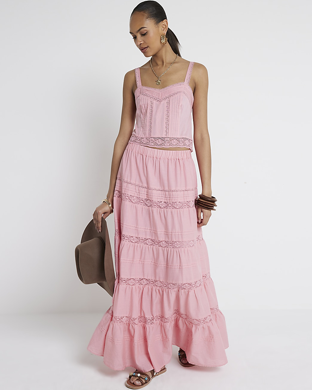 Pink lace detail tiered maxi skirt | River Island (UK & IE)