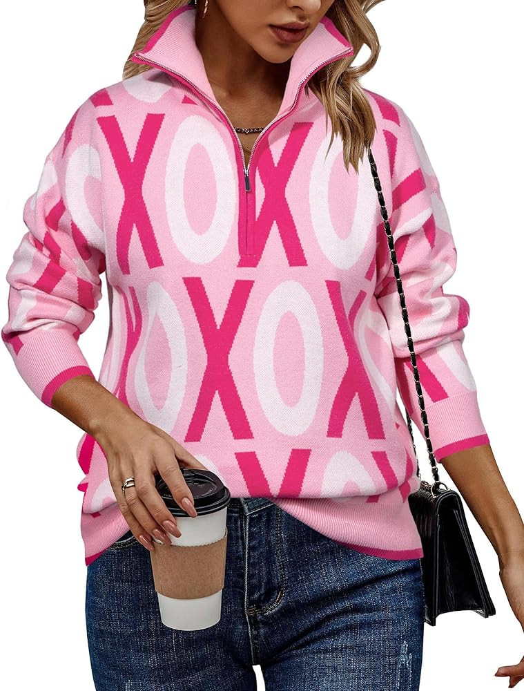 Heart Sweater for Women V Neck Valentines Sweatshirt Quarter Zip Pullover Ribbed Knitted Sweaters... | Amazon (US)