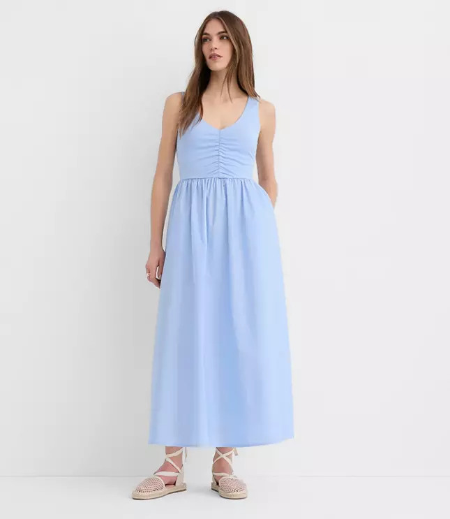 Ruched Mixed Media Midi Pocket Dress | LOFT
