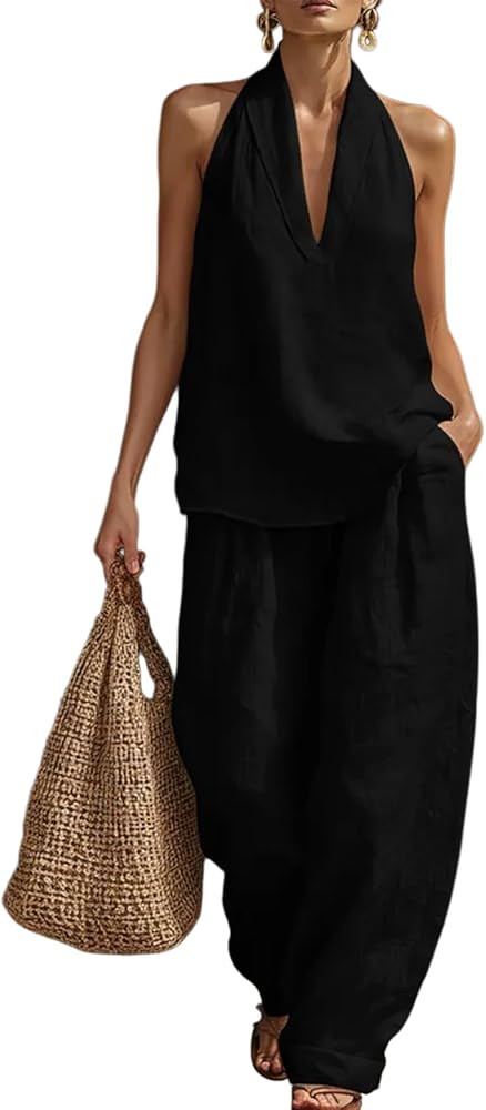 Womens Casual Linen 2 Piece Set Halter V Neck Sleeveless Top and Wide Leg Pants Summer Outfits fo... | Amazon (US)
