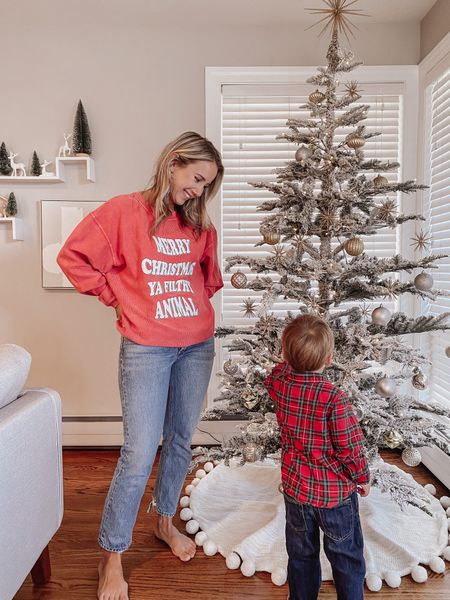 Merry Christmas
Christmas holiday sweatshirt | home alone | cozy | flocked Christmas tree | home decor | neutral Christmas | toddler boy clothes 

#LTKSeasonal #LTKHoliday #LTKhome