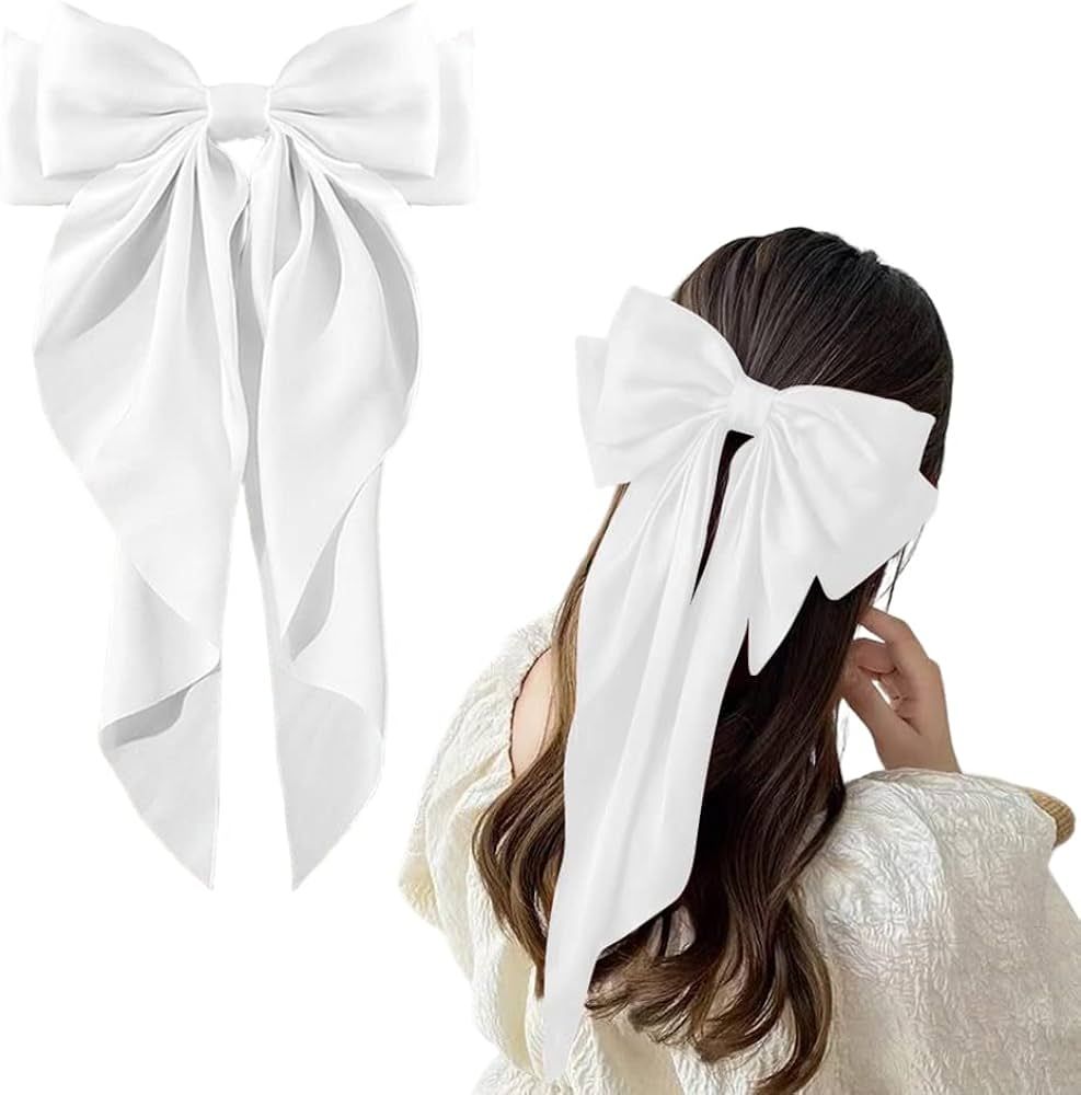 Large Hair Bow Clips for Women Girls Silky Satin Hair Barrettes with Long Ribbon Tail White Hair Bows Slides Wedding Hair Accessories for Women Girls (white) | Amazon (US)