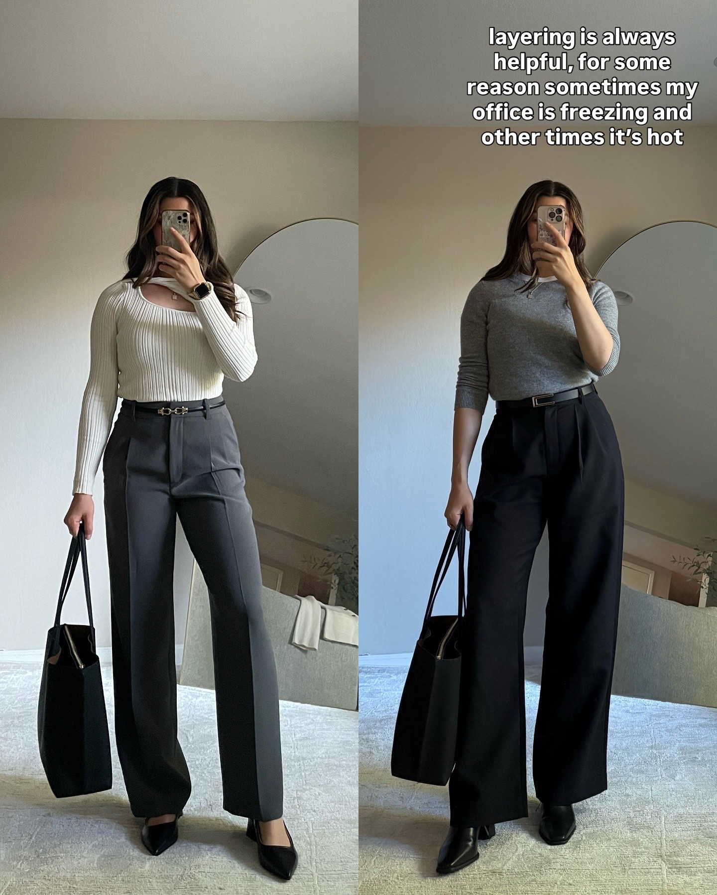 Office outfit - business casual / professional 

Outfit on left: 
• asymmetrical sweater - princess polly, size s
• trousers - aritzia, size 6 regular charcoal 
• shoes - linked exact and similar 
• leather tote - Quince 
• belt - Amazon 

Outfit on right: 
Gray cashmere sweater - size s quince 
Layered white tee - everlane xs 
Belt - Amazon 
Trousers - regular fabric size 6 regular height 
Boots - Anne Klein  - on sale right now but only a few sizes left, linked similar option  

#workwear #officewear #teacheroutfits #sneakers #comfyofficeoutfits #office

#LTKWorkwear