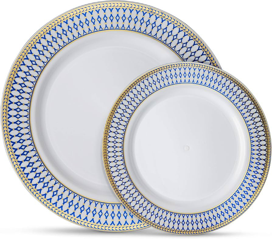 Laura Stein 32 Piece Dinnerware Set Gold and Blue Heavy Duty Disposable Plates for 16 Guests Prem... | Amazon (US)