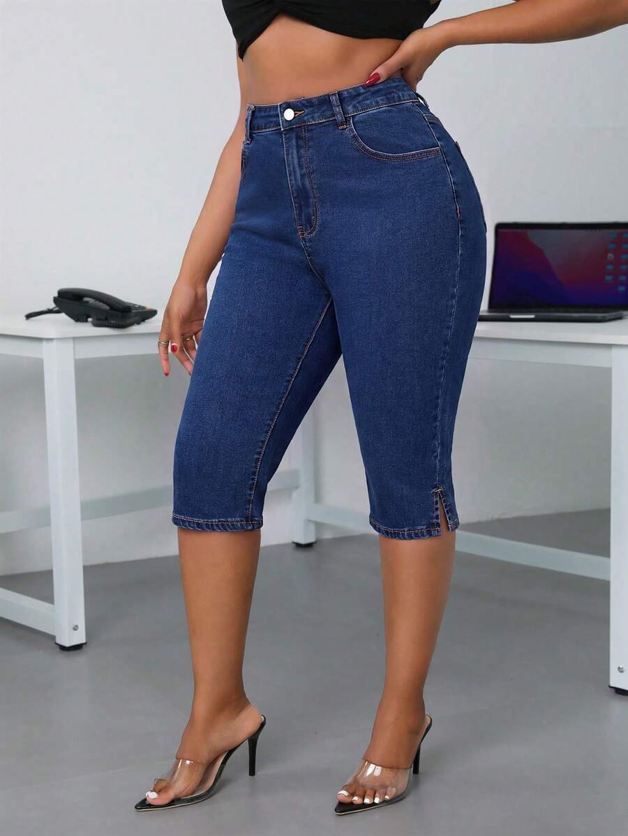 SHEIN SXY Plus Size Slim Fit Casual Summer Versatile Jeans With Belt Loops Formal Navy Blue | SHEIN