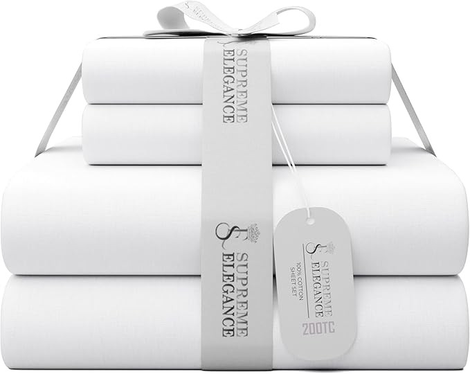 SUPREME ELEGANCE 100% Cotton King Size Sheets Set – Arctic White, 4-Piece Percale Bedding, Cool... | Amazon (US)