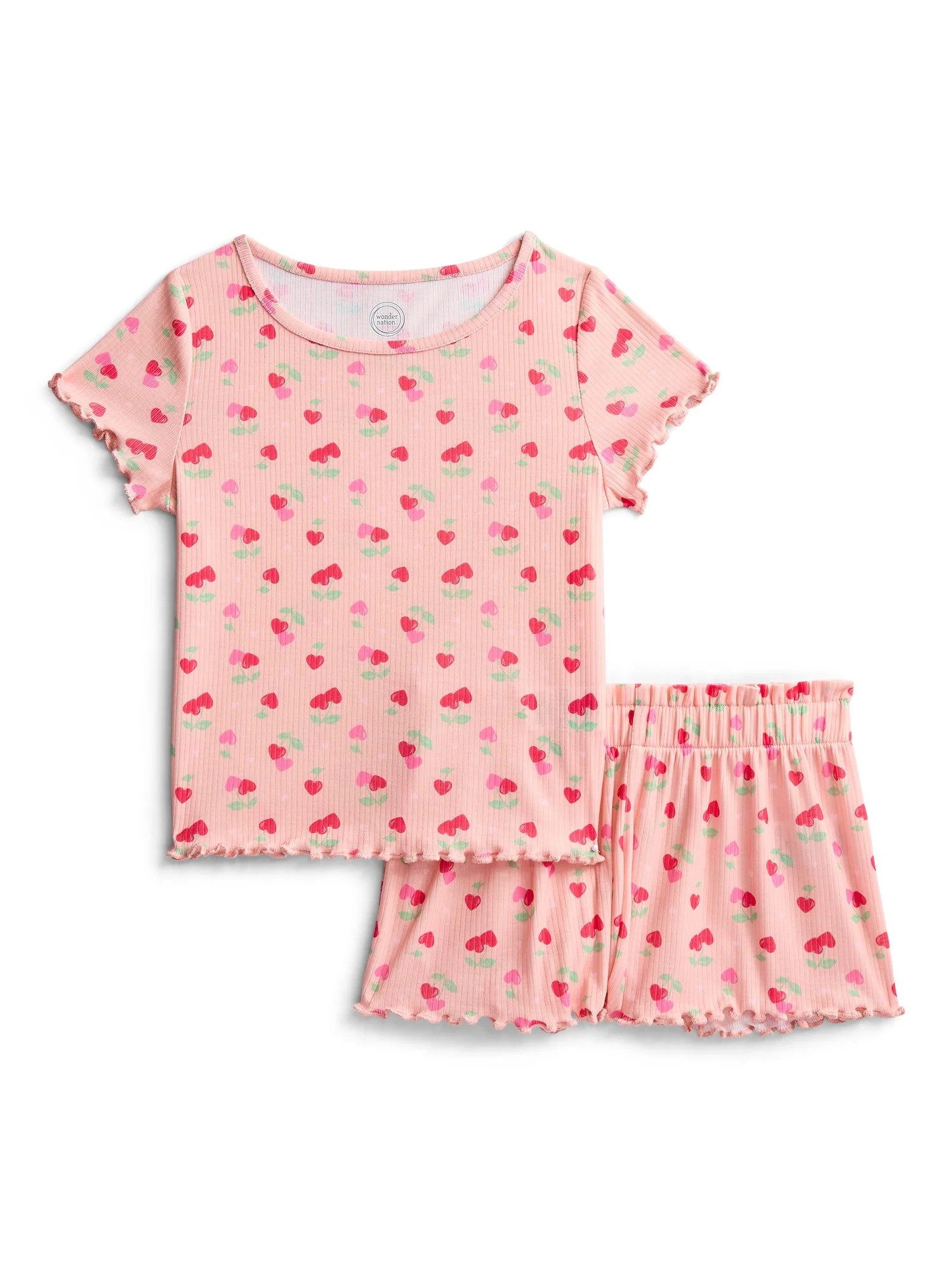 Wonder Nation Girls Ribbed Short Sleeve Top and Shorts Pajama Set, 2-Piece, Sizes 4-18 | Walmart (US)
