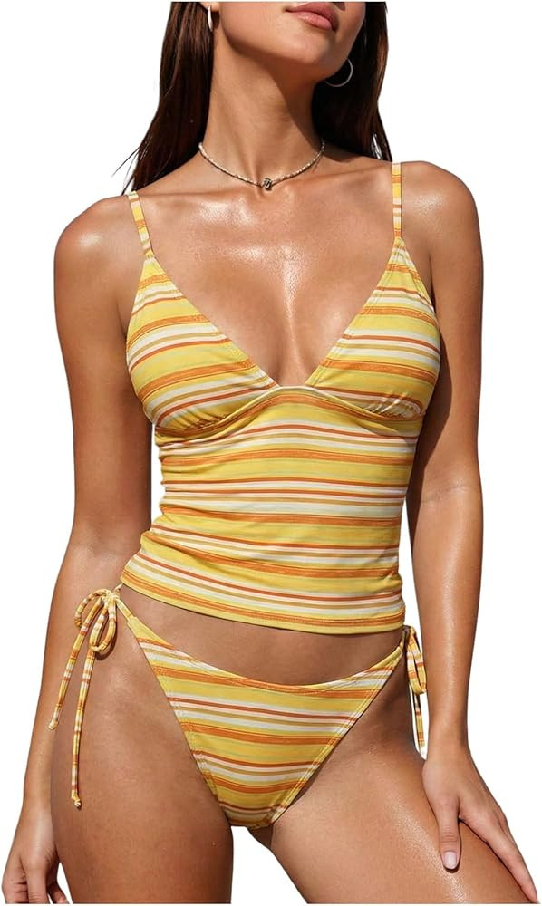 SweatyRocks Women's Striped Tankini Swimsuits Spaghetti Strap Tie Side Thong 2 Piece Bathing Suit | Amazon (US)