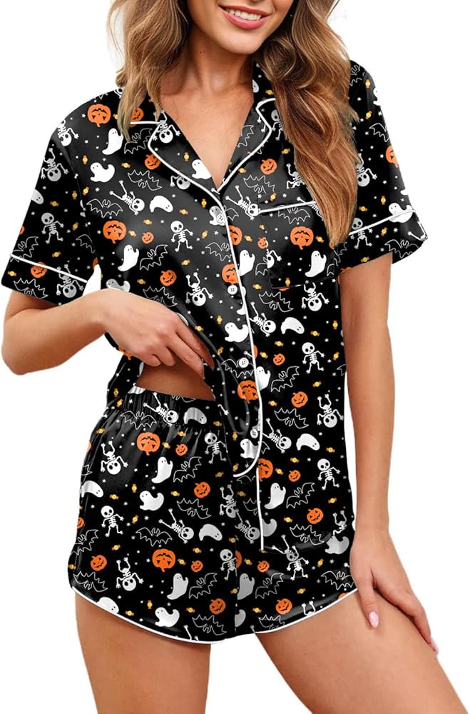 Ekouaer Womens Silk Satin Pajamas Set Short Sleeve Sleepwear Button Down Loungewear 2 Piece Pjs S... | Amazon (US)