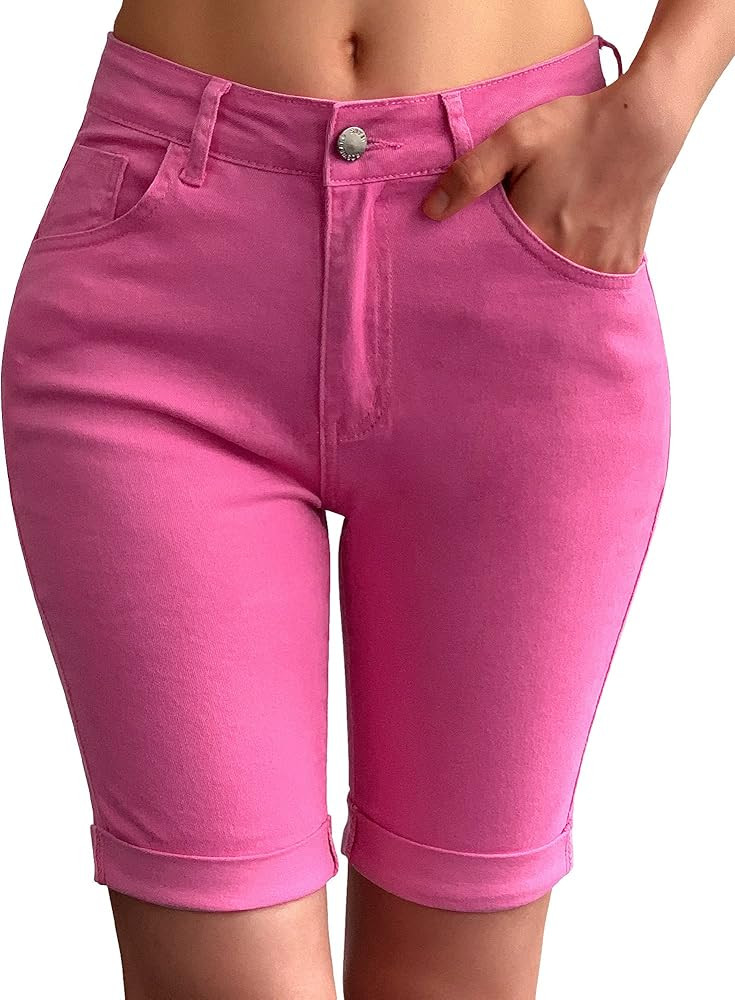 roswear Womens Mid Rise Roll Cuff Bermuda Stretch Denim Jean Shorts | Amazon (US)